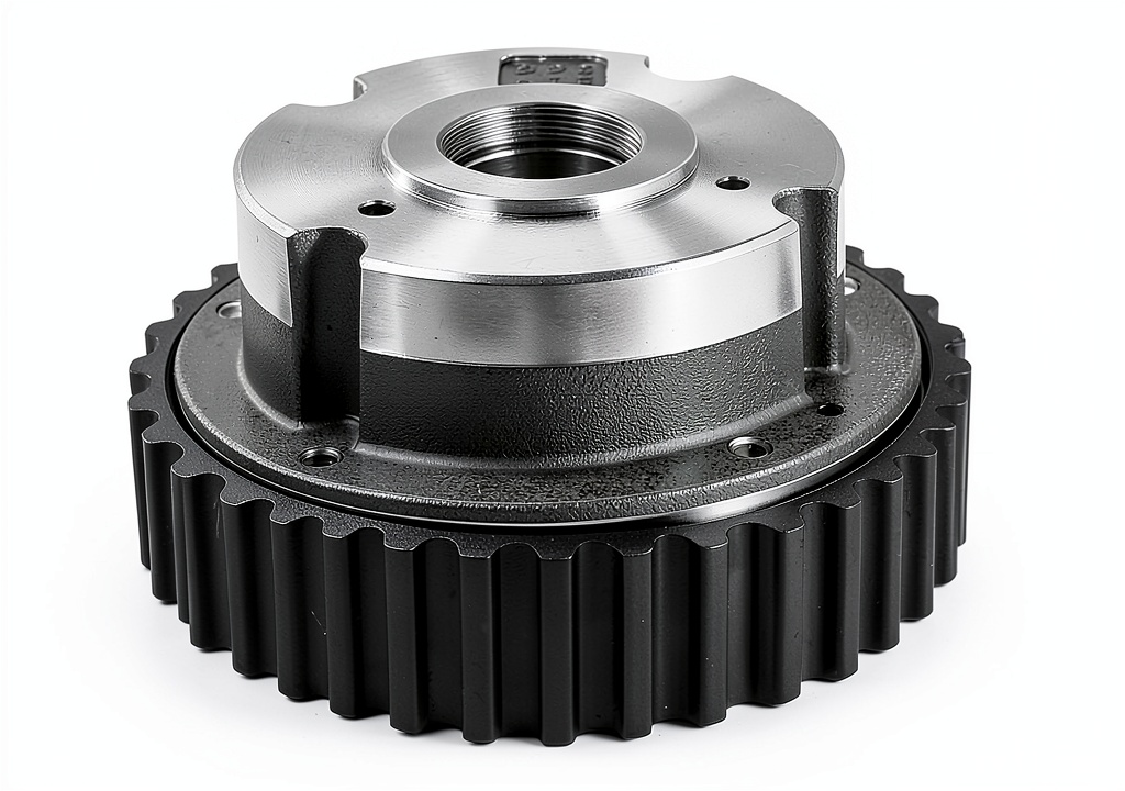 Installing ShenBrala Ford VVT sprocket on a 2018 F‑150 engine bay, hands holding the sprocket next to a wooden workbench